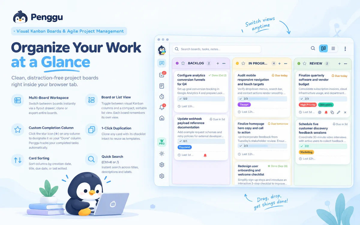 Organize your work at a glance — kanban board features tile