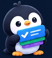 Penggu, the mascot, holding a stack of task cards