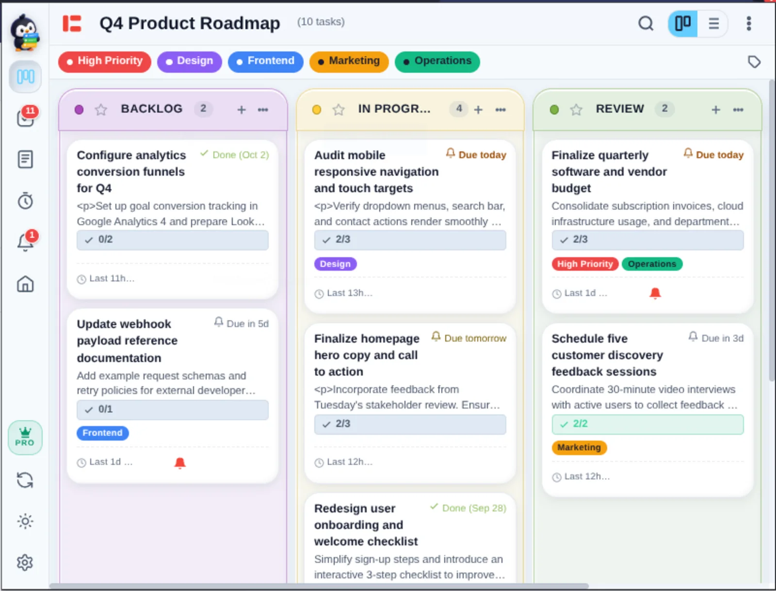 Penggu's kanban board inside the Chrome popup: three color-tinted columns — Backlog, In Progress and Review — filled with task cards carrying labels, checklists and reminders