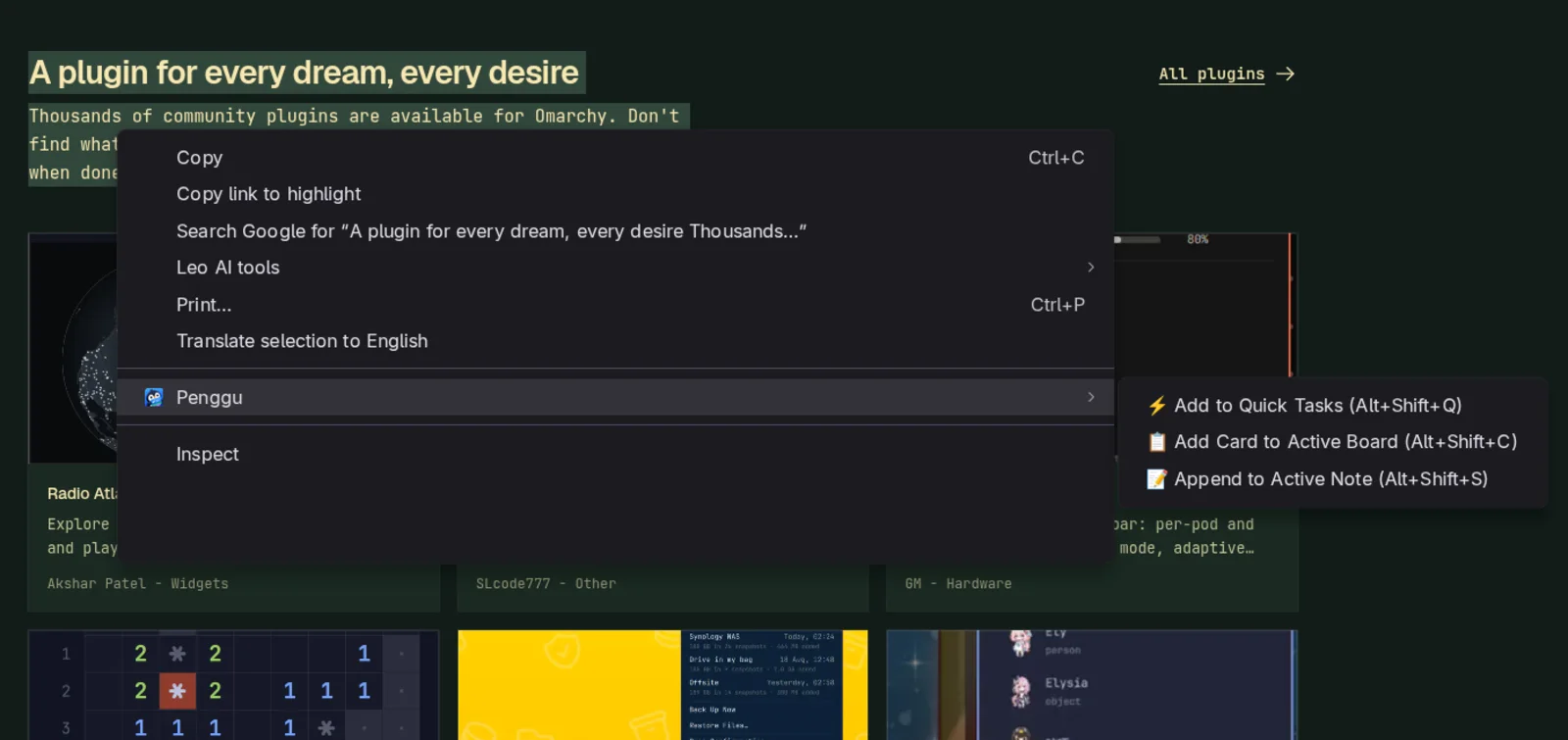 Chrome's right-click menu showing Penggu's clipper: Add to Quick Tasks, Add Card to Active Board, Append to Active Note