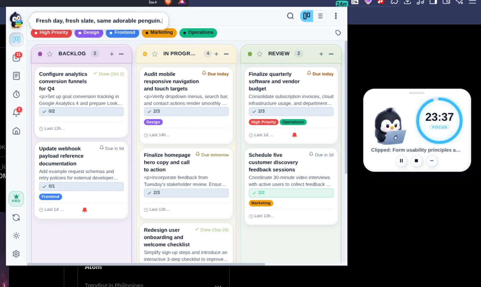 Penggu's floating focus timer widget with the penguin mascot counting down over a webpage, beside the open popup board