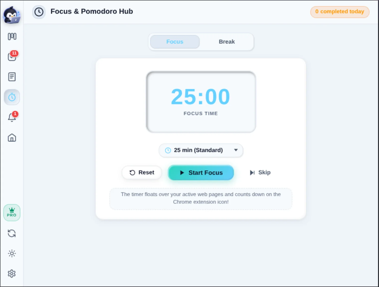 Penggu's Focus and Pomodoro hub with a large 25-minute timer and a Start Focus button