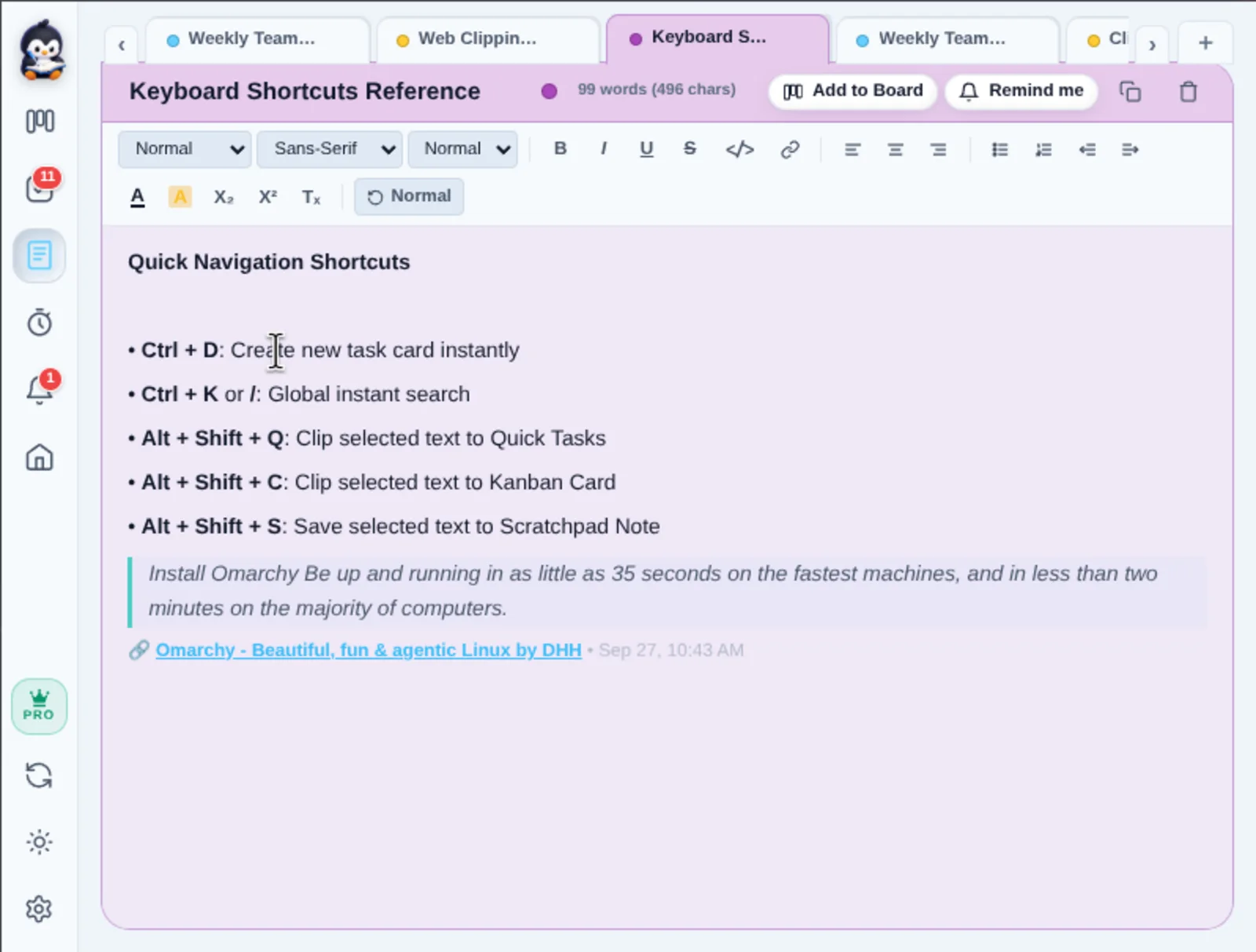 A rich-text note in Penggu's Notes view containing a clipped web quote with a source link and timestamp