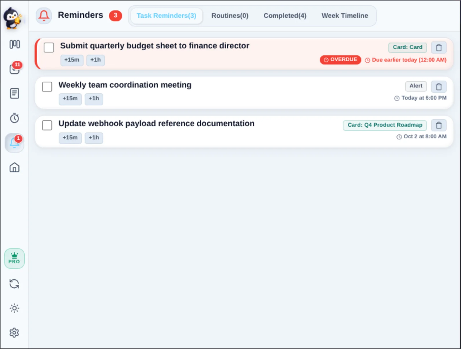 Penggu's Reminders view listing task reminders with snooze chips, source cards and an overdue badge