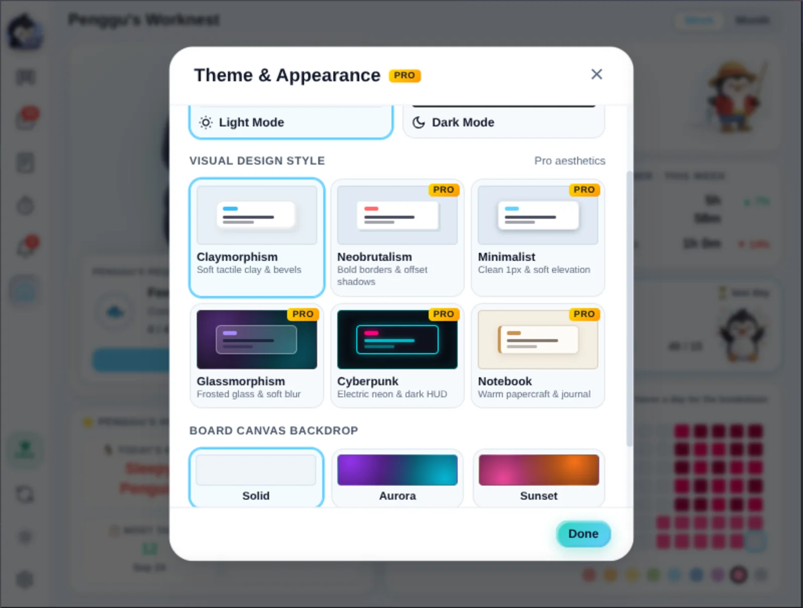 Penggu's Theme and Appearance settings with six visual styles and board canvas backdrops